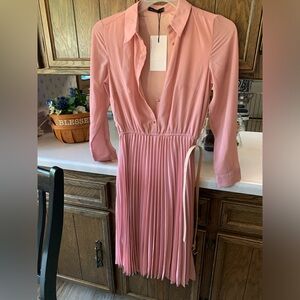 NWT Able Tree Brand Elegant Pink Pleated Dress with front buttons and belt